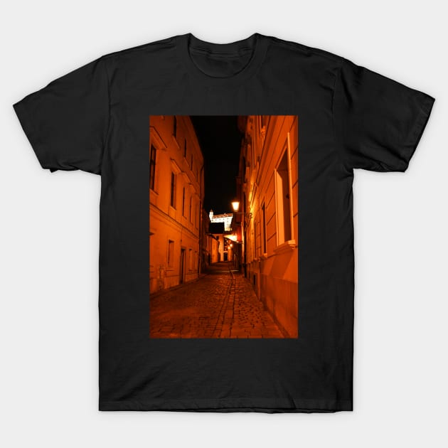 Medieval cobblestone street in Bratislava T-Shirt by Kate-P-